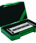 Eight Piece Surface Roughness Specimen Set For Metrology And Quality Control Ra From 1 To 125 Microinches And Rz From 11.8 To 625 Microinches Ground Finish Samples For Quick Roughness Identification By Symbol With Specified Accuracy Tolerances. green case open