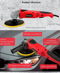 7 Inch Rotary Polisher For Car Detailing With 900W Motor, 4300 RPM, showing side handle and speed control labels
