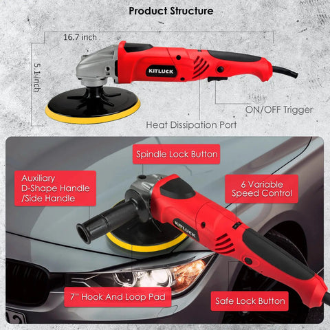 7 Inch Rotary Polisher For Car Detailing With 900W Motor, 4300 RPM, showing side handle and speed control labels