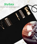 Black Pro Waist Apron With 3 Pockets For Servers And Waitstaff, Water Resistant Durable Polyester Half Apron shown with hairstyling tools.