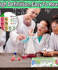 Students in lab coats using chemistry posters set with periodic table and equation sheet for study and reference in classroom.