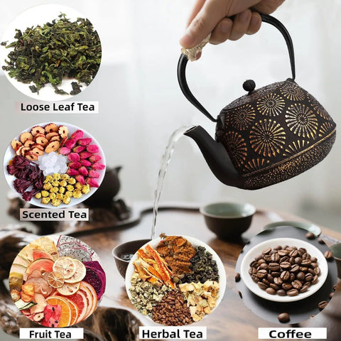 Tetsubin Style Cast Iron Teapot 40oz Enamel Coated Stovetop Kettle With Stainless Steel Infuser And Heat Resistant Handle