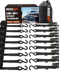 Heavy Duty Ratchet Tie Down Straps 1 Inch By 10 Feet 900 Lbs Break Strength 8 Pack Black Cargo Strap set with hooks and storage bag.