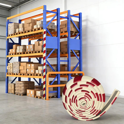 Wall Edge Corner Guards 196.9 Inch Long Red and White Self Adhesive Foam Protector in warehouse with racks and boxes