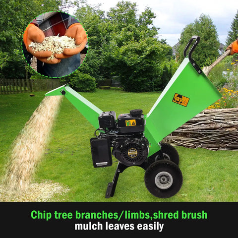7HP Gas Powered Wood Chipper With Three Inch Max Cutting Diameter All Steel Construction Beast Mode Heavy Duty Shredder Mulcher 15 To 1 Reduction Cutting Roller Design For Quick Branch Processing And Easy Blade Maintenance chipping branches in garden