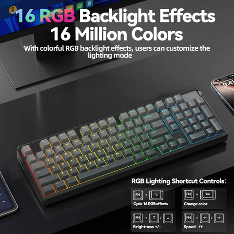 Top Shelf Triple Mode Wireless Gaming Mechanical Keyboard With Full Number Pad And Slick Volume Knob Seamless Bluetooth And Usb C Wired Flex For Pro Gamers showcasing 16 RGB backlight effects and colorful keys.