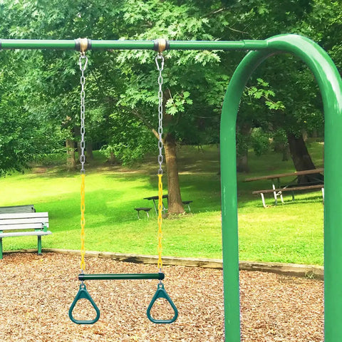 Heavy Duty Gym Rings Trapeze Swing Bar With 16 Inch Bar And 47 Inch Chain, Locking Carabiners in backyard playground