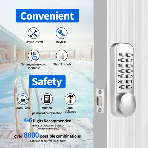 Image of MX920 Double Keypad Mechanical 14 Key Combination Lock on door by pool, showing lock features like keyless entry and convenience.