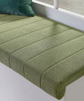 Custom Fit Fireplace Hearth Pad Big Time Ultra Snug Corduroy Baby Proof Buffer Bumper Non Slip Window Seat Cover on green textured cushion.