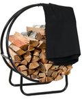24-Inch Round Firewood Rack With Weatherproof Cover for indoor use, holding stacked firewood, heavy-duty black tubular steel
