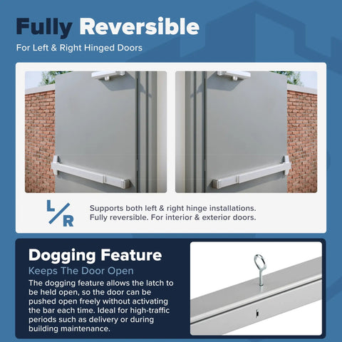 Heavy Duty Push Bar Panic Exit Device For Commercial Doors, Silver Finish, UL Listed Grade 1, ADA Compliant Emergency Exit Bar FS-750