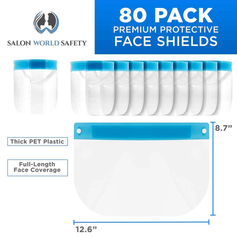 80 Shield Case With 8 Packs Of 10 Ultra Clear Full Face Shields Anti Fog PET Plastic Elastic Headband And Soft Forehead Pad Protect Eyes Nose And Mouth From Droplets Sanitary Splash Guard All Day Comfort, featuring thick PET plastic and full-length face coverage.