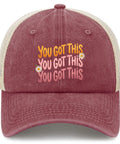 Low Profile Unstructured Vintage Tennis Trucker Hat For Men In Deep Rose with embroidered 'You Got This' design