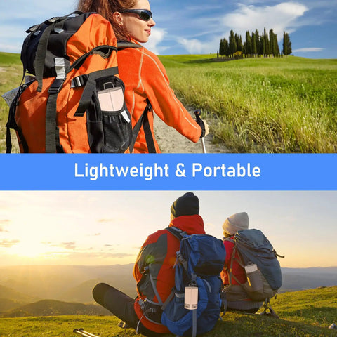 Hikers with backpacks featuring 116 LED Rechargeable Camping Lantern With 360 Degree Bright Light For Camping And Hiking Lit Tent Light