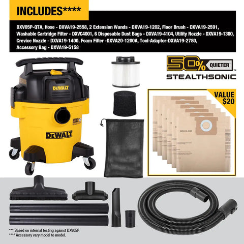 Stealthsonic 5 Gal Wet Dry Shop Vacuum 4 HP Ultra Quiet Cleaner with full accessory kit including hose and dust bags