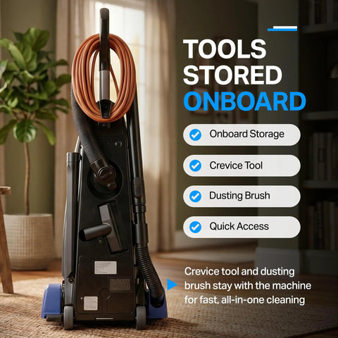 Rigorously Durable Powr Flite Rigel Commercial Upright Vacuum With 1200 Watt Motor For Heavy Duty Cleaning In Retail And Hospitality Spaces Featuring Automatic Height Adjustment Metal Brush Roll And Consistent Power Output For All Your Professional