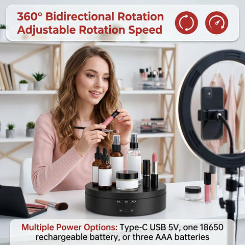 Top Notch Motorized Rotating Display Stand With 360 Degree Electric Photography Turntable showcasing beauty products for streaming.