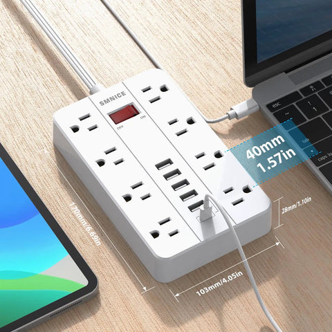15 Ft Flat Plug Power Strip With 8 Widely Spaced Outlets And 6 USB Ports Including 1 USB C Surge Protector Wall Mountable Charging Station For Dorm Home Or Office White on desk