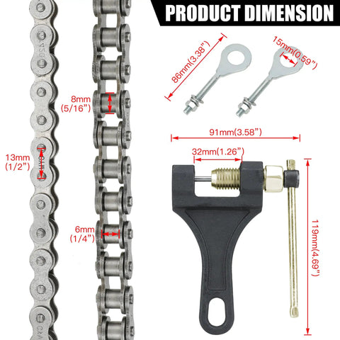 420 Chain With Mini Bike Chain Breaker Replacement dimensions, showing chain links, adjusters, and chain breaker.