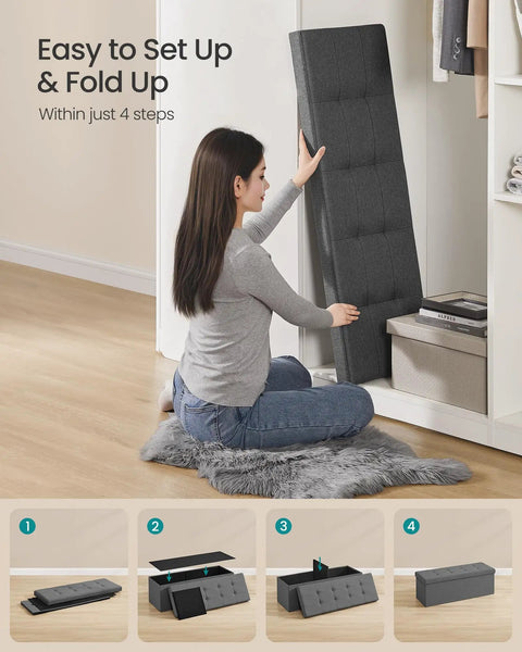 Mazie Collection 43 Inch Folding Storage Ottoman Bench With Quick Foldaway End Of Bed Foot Rest And Underbed Storage Go-To For Living Room Bedroom Or Entryway Dark Gray shown being folded by a woman in four steps.