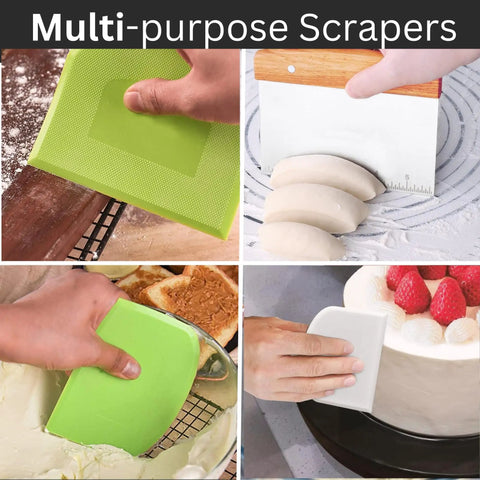 Dough Scraper and Bench Scraper Kitchen Tool Set in Stainless Steel for Sourdough Bread, Pizza, and Flat Top Griddles, multi-use.