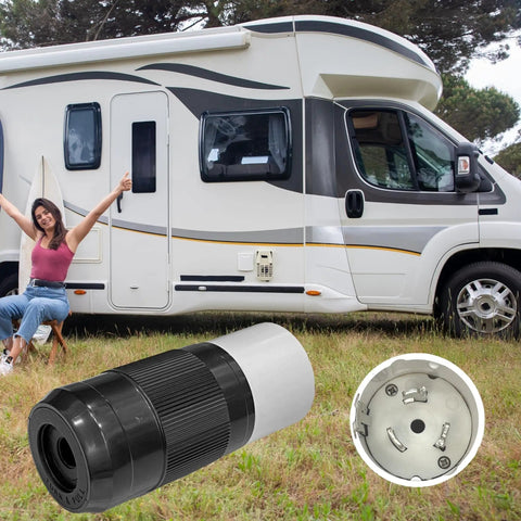 Badass 50 Amp Generator Plug Nema SS2-50P Four Pin Straight Blade Twist Locking Connector close-up with RV in background.