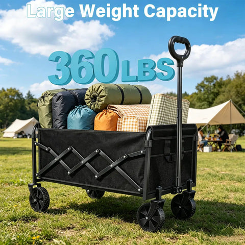 All Terrain Folding Wagon With Heavy Duty Frame And 360 Lbs Capacity Utility Cart loaded with camping gear outdoors.