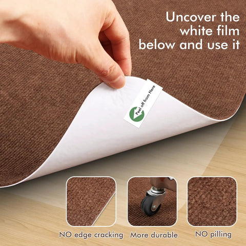 Close-up of a hand unveiling back of the Non Slip Recliner Pads For Hardwood Floors And Tile, showing anti slip grid and brown surface.