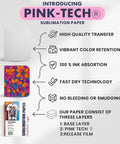 PinkTech 125Gsm Sublimation Paper 8.5x11 Inch Pack Of 110 Sheets for inkjet printers, featuring benefits like high-quality transfer.