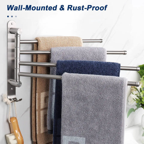 Swivel Towel Rack With 4 Arm Design, 13.8 Inch 304 Stainless Steel Wall Mounted Towel Holder, towels hanging