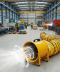 12 Inch High Velocity Air Mover Blower With 3500 CFM Beast Mode Airflow in workshop setting with 16.4 ft flexible duct