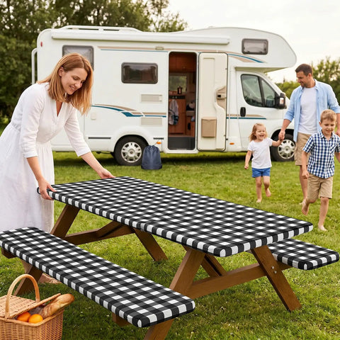 Family enjoys picnic with Buffalo Plaid Waterproof 3 Piece Picnic Table Cover Set With Bench Covers, Elastic Fitted Tablecloths For 72x30 Tables And 72x12 Benches.