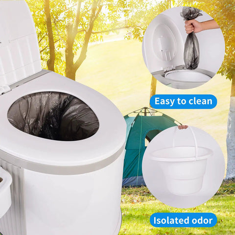 Lightweight Portable Travel Toilet For Camping And Hiking In Gray And White Large Capacity Inner Bucket Easy To Carry At About 6 Lbs Detachable Toilet Paper Holder Ideal All Day Outdoor Toilet Solution shown near a tent in a park, with close-ups of inner bucket and handle.