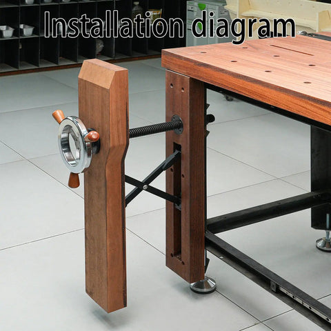 Heavy Duty Woodworking Leg Vise Kit with Inertia Driven Handwheel and X Bracket installed on a workbench