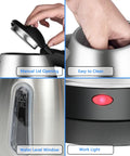 Stainless Steel Electric Kettle 1.8L With 1100W Rapid Boil, BPA Free Tea And Coffee Maker, showing lid, water level, and work light.