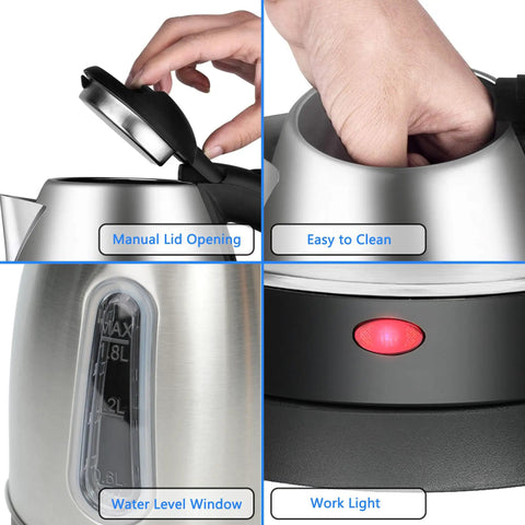 Close-up of Stainless Steel Electric Kettle 1.8 Liter showing manual lid opening, easy-to-clean design, water level window, and work light.