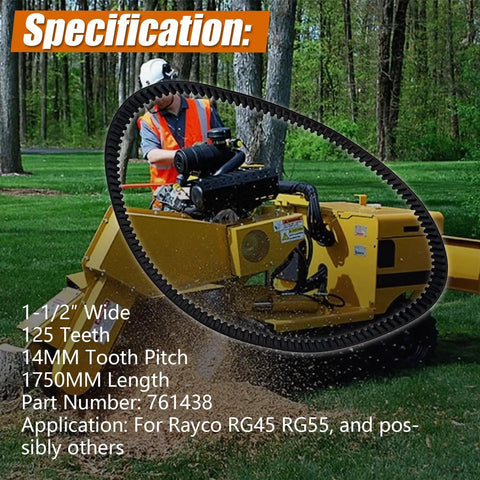 Stump Grinder Belt HTD14M 1-1/2 Inch Wide 125 Teeth 14mm Pitch Compatible With RG45 RG55 Drive System shown cutting wood
