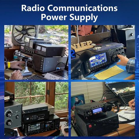 Radio setups using 13.8V 30A DC regulated beefy go-to bench power supply with USB-C quick charge and AC-DC power converter.
