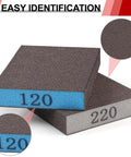 Two brown sanding sponge blocks with blue core labeled 120 and grey side 220.