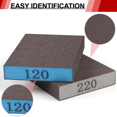 Two brown sanding sponge blocks with blue core labeled 120 and grey side 220.