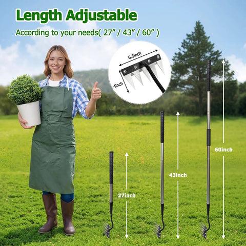 Beefed Up Long Handle Iron Weeding Rake With Thickened 5 Tooth Carbon Steel Head, adjustable from 27 to 60 inches, in garden