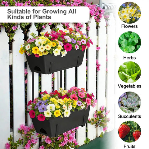 Level Up Your Porch Decor With This Ace Two Tier Railing Planter Box Set Black Window Boxes for Balcony Deck Garden displaying colorful flowers.