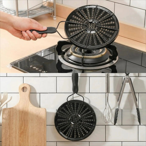 7.5 Inch Colombian Budare Arepa Grill for Stovetop and Gas Stove with perforated design shown on a kitchen countertop
