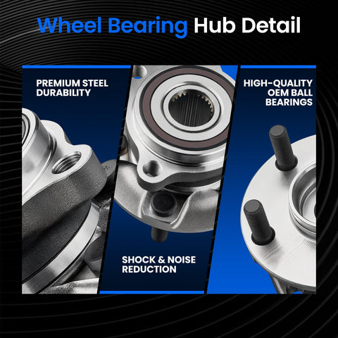 Close-up of 2 Pack Front Wheel Bearing And Hub Assembly For Subaru Forester Impreza Legacy Outback XV Crosstrek 5 Lug With ABS Compatible Durable Hub Kit Easy Install showing steel durability, shock reduction, OEM ball bearings.