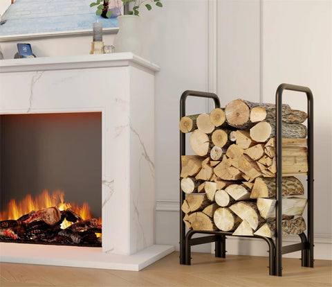 Sturdy Firewood Rack And Log Holder For Indoor Outdoor Use Heavy Duty 25mm Tubular Steel Log Storage Stack Supports Up To 400 Pounds Rustproof Black Powder Coated Firewood Organizer For Fireplace And Patio by a fireplace