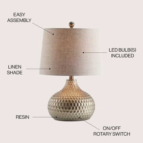 Antique Brown Honeycomb Resin Table Lamp With Teardrop Textured Base And Gray Linen Drum Shade LED Bulb Included