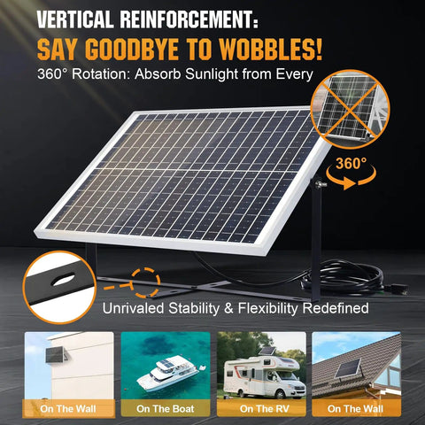 Keep Your 12V Batteries Charged With A 25W Waterproof Solar Panel Kit And Trickle Maintainer featuring adjustable mount.