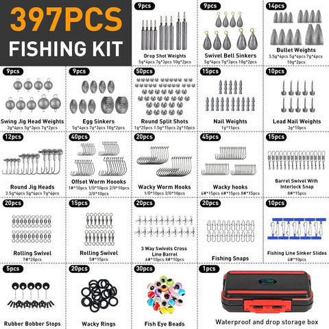 All In One Fishing Gear Kit With Backpack And Tackle Box Includes Lures Hooks Sinkers Pliers Lip Gripper Bait And Accessories A Dope Gift For Men Who Love To Fish And Head Out On The Water featuring 457pcs tackle set components displayed neatly