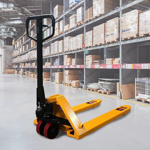 Beefy Heavy Duty Manual Pallet Jack With 7700 Lb Capacity And 48 Inch Long By 27 Inch Wide Forks Ergonomic Handle in warehouse