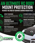 Graphic explaining RC Body Clip Hole Protectors 49 Clear PVC Stickers for one-tenth scale RC crawler bodies with benefits.